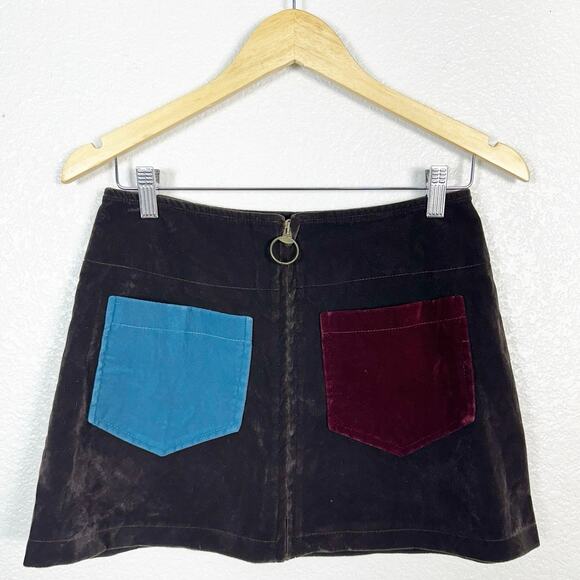 Roxy Y2K Vintage Mod Velour Chocolate Brown Patch Pocket Mini Skirt Size 7 - Picture 1 of 9